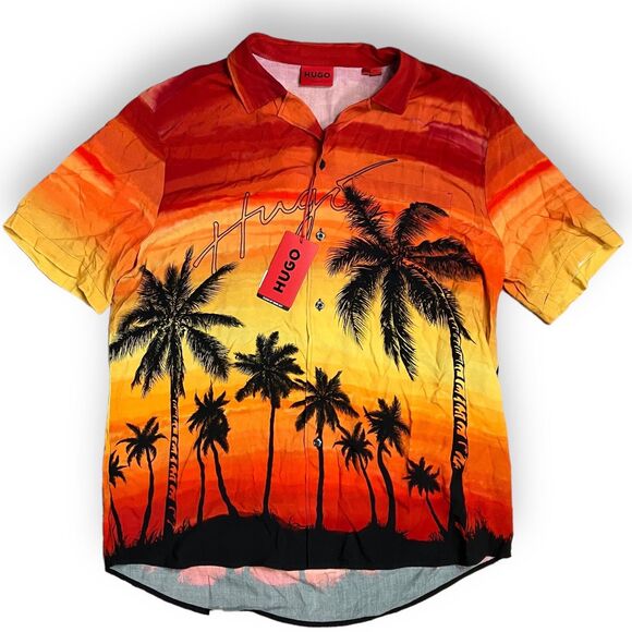 HUGO BOSS Shirt Mens XL Red Button Up Hawaiian Palm Tree Resortwear Tropical Sun - Picture 9 of 9